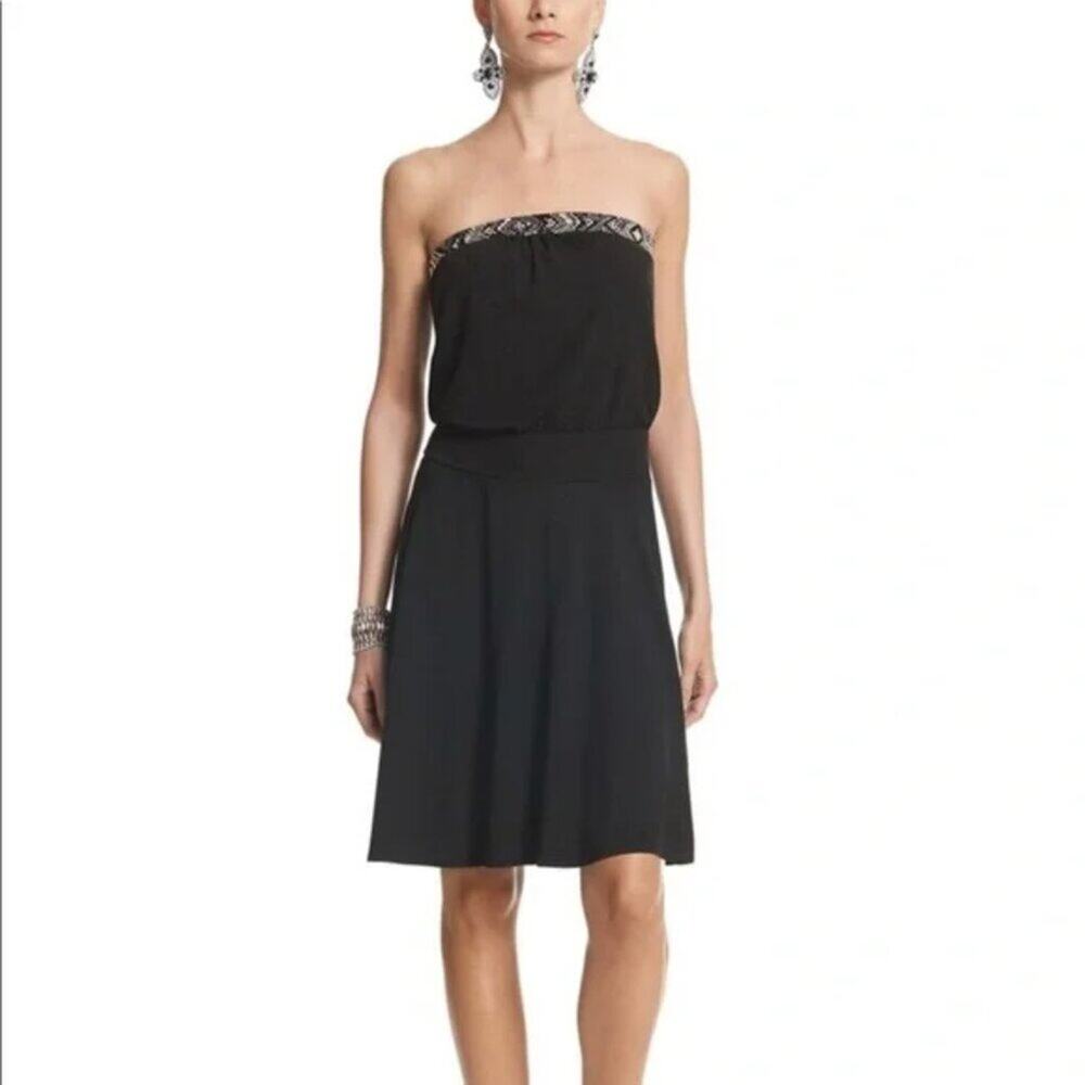 White House Black Market Black Strapless Mini Dress Beaded Bodice Size XS O0291